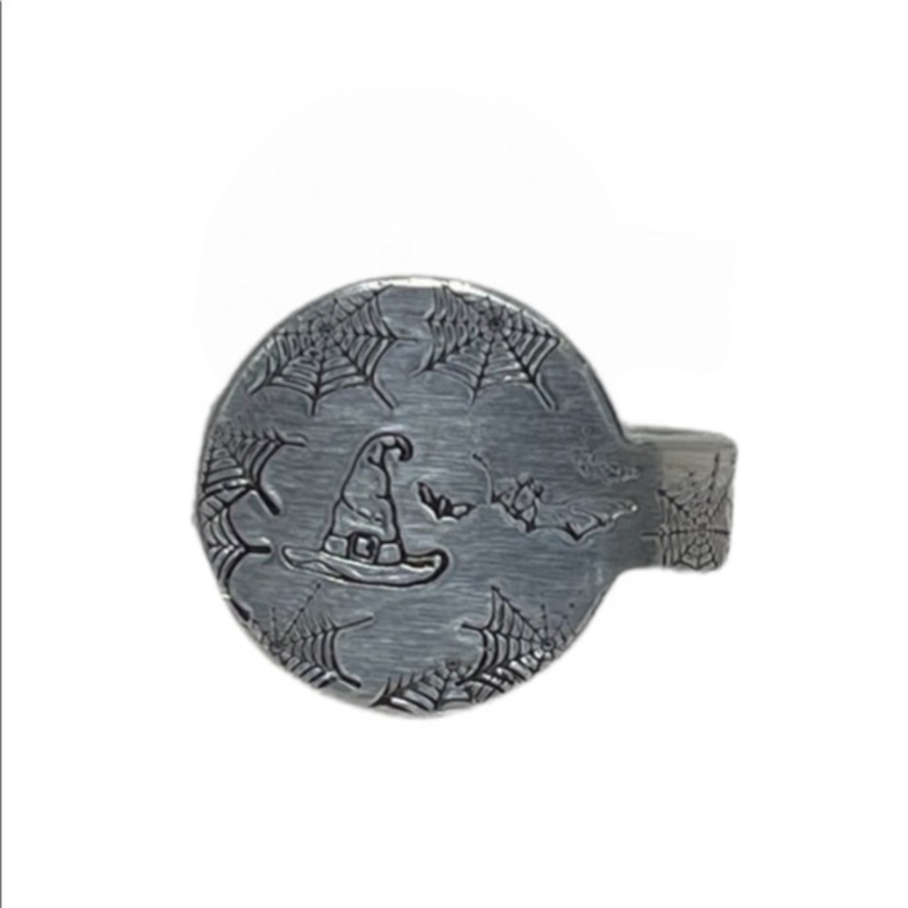 Handmade 9 stamped goth Halloween scene adjustable hypoallergenic medallion ring - Picture 5 of 8